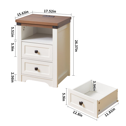 White Farmhouse Nightstand with Charging Station