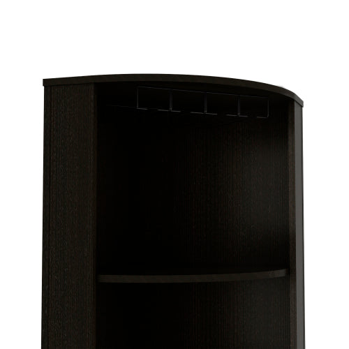 Corner Bar Cabinet, Eight Bottle Cubbies, Double Door, Two Open Shelves -Black