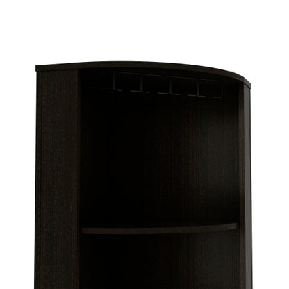 Corner Bar Cabinet, Eight Bottle Cubbies, Double Door, Two Open Shelves -Black