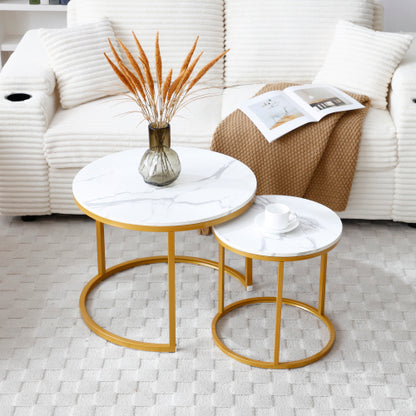 Set of 2 Nesting Round Coffee Tables, White & Gray Top with Golden Metal Frame