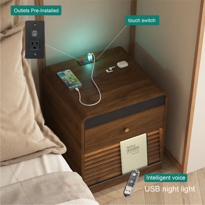Wood Smart Nightstand, Voice Control Night Light, Touch LED Strip & Charging Station