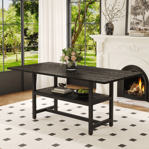 71-Inch Black Wood Grain Dining Table with Storage Shelf