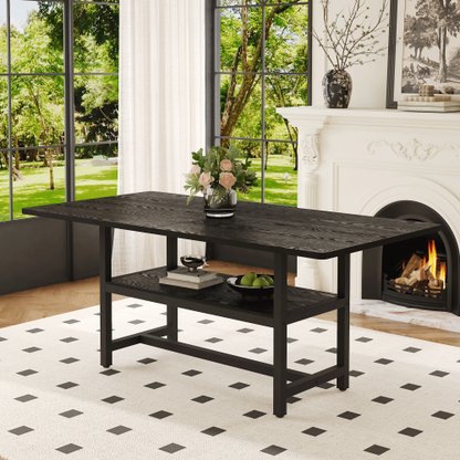 71-Inch Black Wood Grain Dining Table with Storage Shelf