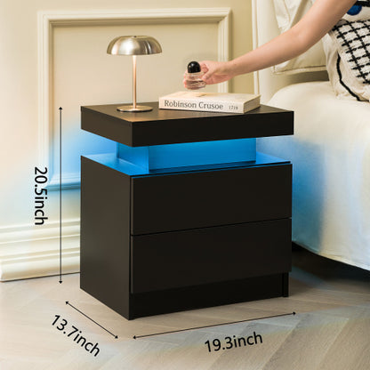 Set of 2 Black LED Nightstands with Drawers