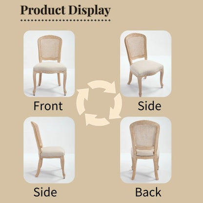 Set of 2 Beige French Country Fan Rattan Back Dining Chairs, Carved Wire Drawing Solid Wood Disassemblable Chairs