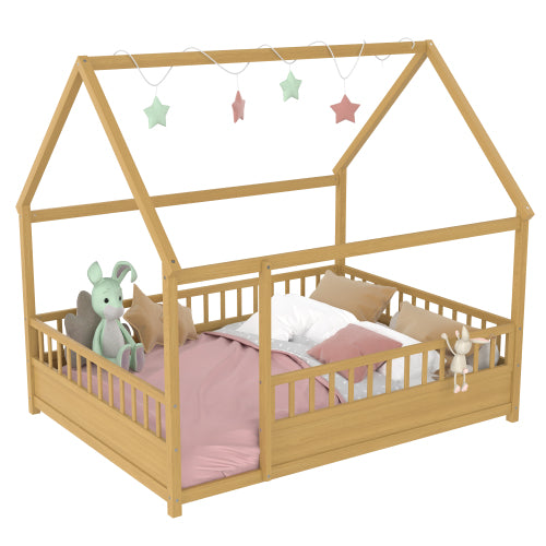 Full Size Floor Wooden Bed with House Roof Frame, Fence Guardrails(Full,Natural)
