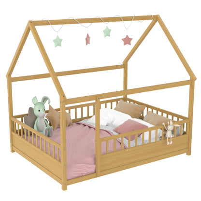 Full Size Floor Wooden Bed with House Roof Frame, Fence Guardrails(Full,Natural)