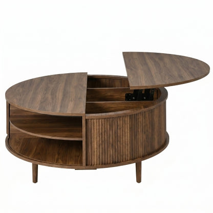 Round Lift Top Coffee Table Storage Sliding Door Pine Wood Legs Modern Wood Wave Design