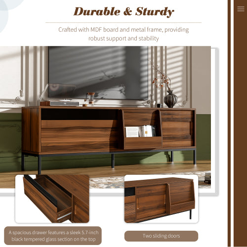 Modern 75 Inch TV Stand with Sliding Doors Walnut Media Console