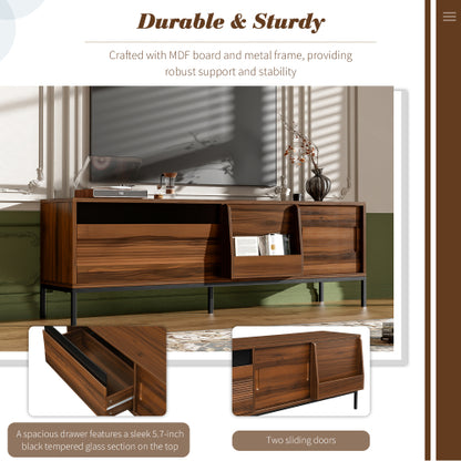 Modern 75 Inch TV Stand with Sliding Doors Walnut Media Console