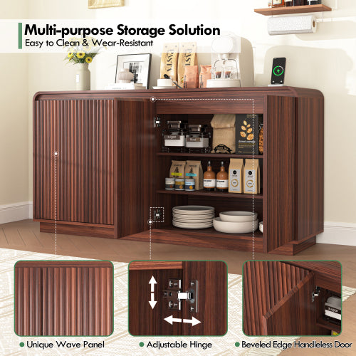 Walnut Handleless Fluted 4-Door TV Stand Built-In Power Outlet Adjustable 3-Tier Storage Cabinet Up To 85 Inch TV