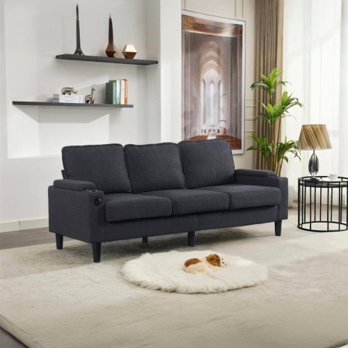 Dark-Grey L-Shaped Sectional 3-Seat Combo Sofa with Storage Ottoman USB Ports Cup-Holders for Living Room Apartment