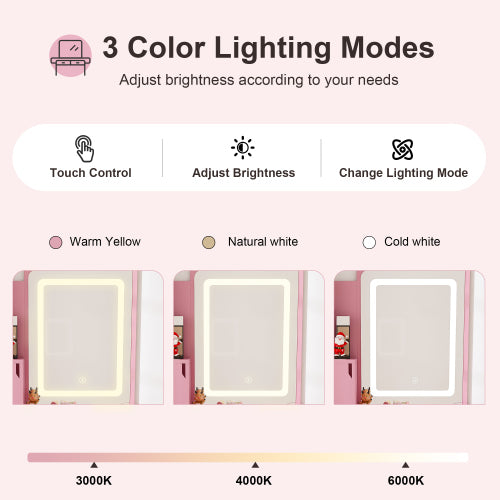 Pink 3-Color LED Vanity Mirror with Stool, 2 Drawers & 5 Storage Cabinets, Charging Station & Hair Dryer Holder