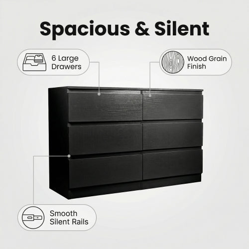 6 Drawer Black Dresser, Modern Bedroom Dresser with Spacious Countertop, Wood Storage Cabinet with Concealed Handles & 6 Deep Drawers for Bedroom, Living Room, Entryway, 15.7" D x 47.2" W x 30.9" H
