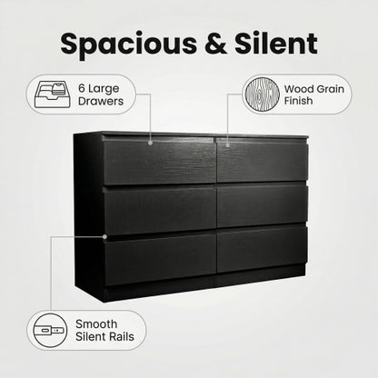 6 Drawer Black Dresser, Modern Bedroom Dresser with Spacious Countertop, Wood Storage Cabinet with Concealed Handles & 6 Deep Drawers for Bedroom, Living Room, Entryway, 15.7" D x 47.2" W x 30.9" H