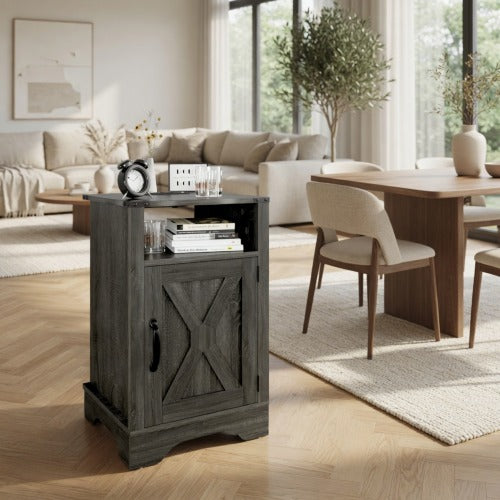 16inch Dark Grey Farmhouse Nightstand with Charger