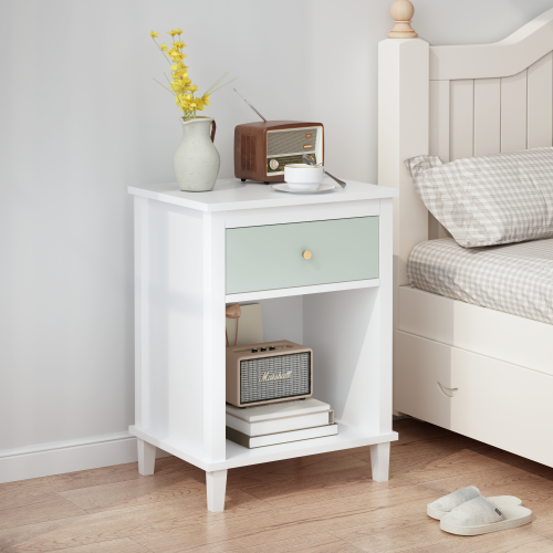 26.77''H Kids Nightstand with Drawer and Shelf, Sage and White Storage Table