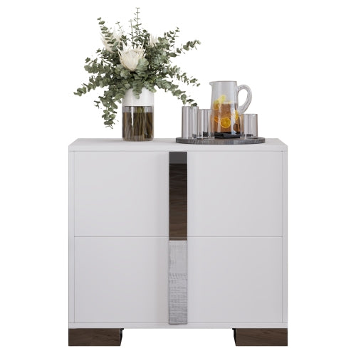 Modern End Table with Drawers, Elegant Nightstand with Metal Foot,Wood Bedside Table with Mirrored Metal Handles,Sofa Side End Table for Bedroom Living Room Office,White