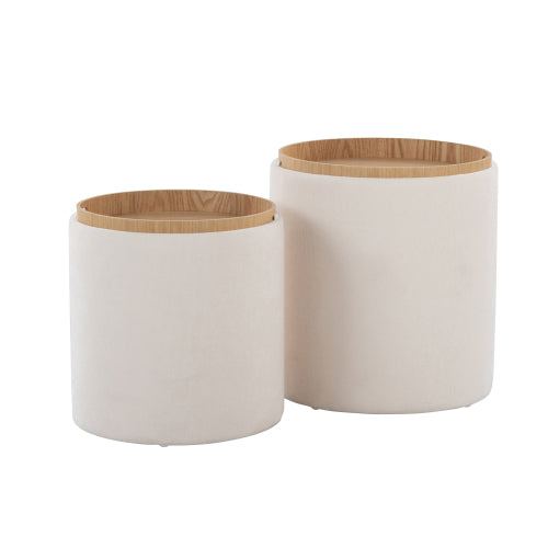 Cream Fabric Nesting Ottoman Set with Natural Wood, 2-Piece Stackable Stools, 250 LBS Limit, Fully Assembled