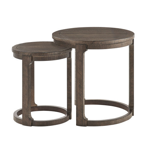 2PCS Solid Wood Round Side Table Set Mid Century Nesting Coffee Table Brown
