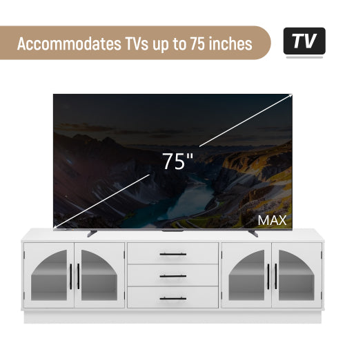 68.9 Inch Minimalist MDF TV Stand Arched Glass Doors 3 Drawers 2 Cabinets for TVs Up To 75 Inch