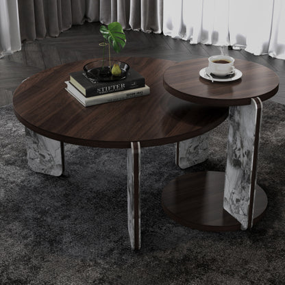 2-Piece Nesting Coffee Table Set, Walnut Veneer MDF Top with Sintered Stone Legs & Base
