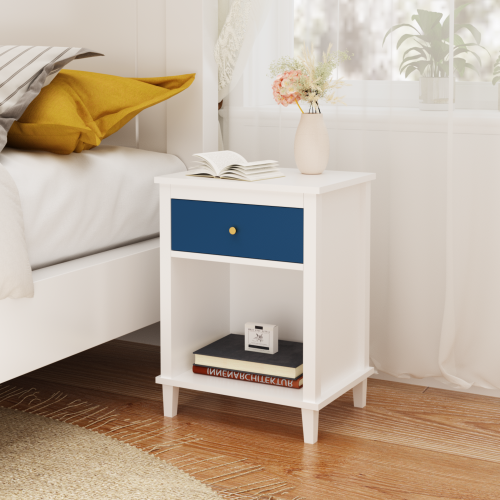 26.77''H Wooden Nightstand with One Drawer One Shelf for Kids, Adults, Navy+Golden handle