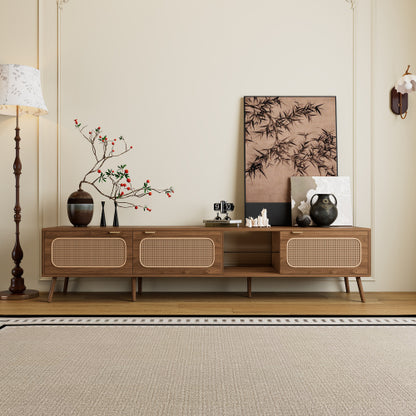 78.7 inch Walnut Rattan TV Stand Soft Close Doors Fits 75/80/85 Inch TV