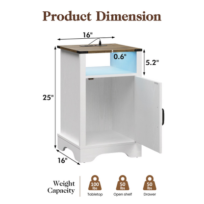 LED Nightstand with Charging Station, Farmhouse Wooden Side Table with Cabinet and Shelf