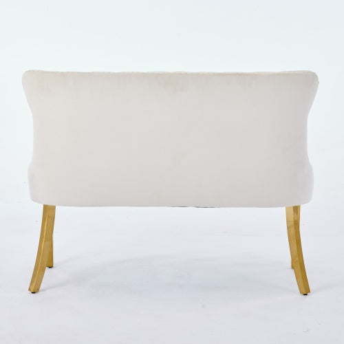 Velvet Double Dining Loveseat Bench, Kitchen & Dining Seating, 2-Seat Tufted Bench w/Handmade Buttons, Wing Back, Gold-Plated Steel Legs, Mid Century Modern,Single Pack,Beige