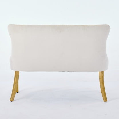 Velvet Double Dining Loveseat Bench, Kitchen & Dining Seating, 2-Seat Tufted Bench w/Handmade Buttons, Wing Back, Gold-Plated Steel Legs, Mid Century Modern,Single Pack,Beige