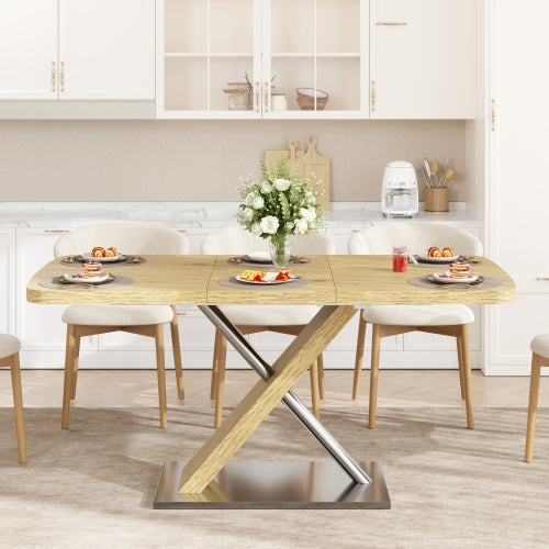 47.25inch-63inch Extendable Dining Table with Metal Base, Seats 4-6, Natural Wood