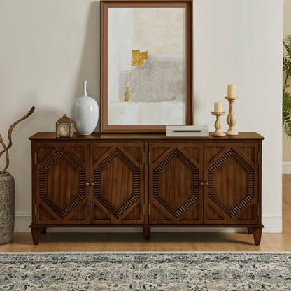 65.2 inch Mid Century Modern Sideboard Buffet Cabinet with Storage, Symmetrical Geometric Accent Coffee Bar Wine Bar Storage Cabinet, Large Console Table for Living Room/Entryway/Kitchen, Walnut