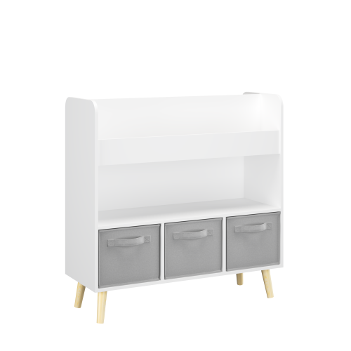 White Gray Kids Bookshelf With 3 Removable Fabric Bins Toy Book Organizer