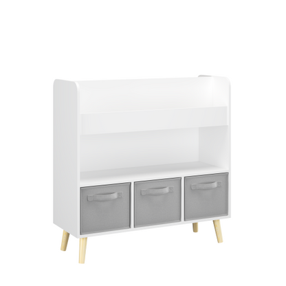 White Gray Kids Bookshelf With 3 Removable Fabric Bins Toy Book Organizer