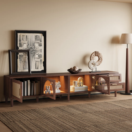 86 inch TV Stand for TVs Up to 90 inch, Rattan Media Console with LED Lights, Drawers & Glass Storage