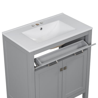 30" Bathroom Vanity with Ceramic Sink, Modern Gray Single Bathroom Cabinet with 2 Doors and a Shelf, Soft Close Doors