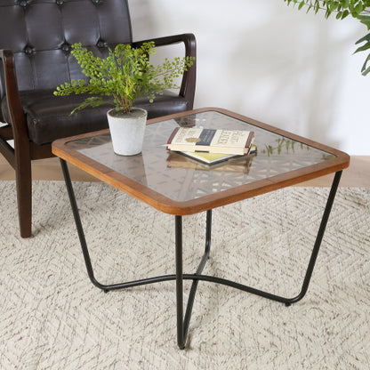 Modern Industrial Square Coffee Table Glass Top Metal Frame Wooden Accent Living Room Table
