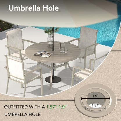 Outdoor Round Patio Dining Table for 6-7, All Weather Metal Dining Table with Umbrella Hole for Deck Lawn Garden Backyard, Sandstone Color