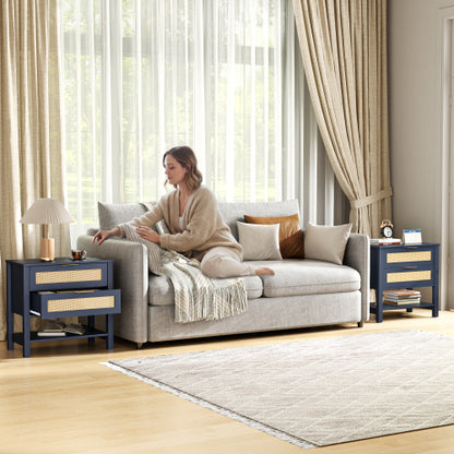 Boho Rattan Nightstand with 2 Drawers & Open Shelf