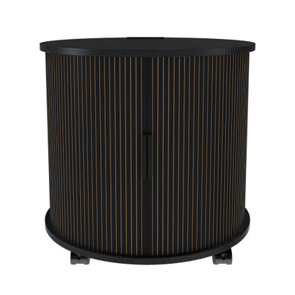 Black Cylinder Nightstand, Mid-Century Round End Table with Charging Station & 2-Tier Storage
