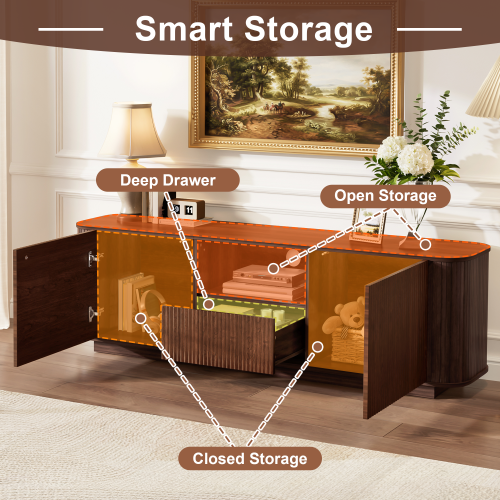 70 inch Modern TV Stand for TVs Up to 80 inch, Wood Grain Media Console with Storage, Curved Corners
