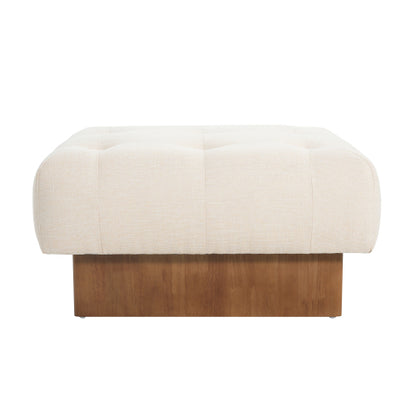 Beige Tufted Square Linen Ottoman, Breathable Fabric Foot Stool with Durable Rubber Wood Legs for Bedroom & Living Room