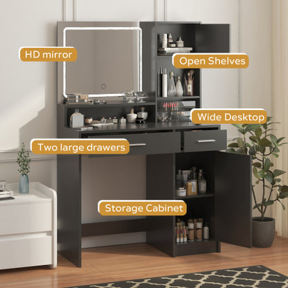 Black Vanity Desk with Mirror & LED Light Strip, Large Drawer, 3-Level Storage Dresser, 3 Lighting Modes, Adjustable Brightness