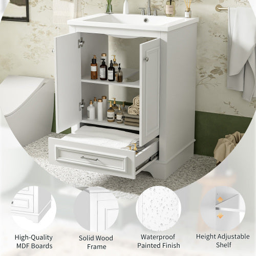24'' Bathroom Vanity with Ceramic Sink Combo, Modern Freestanding Storage Cabinet with Silver Handles, Soft Closing Doors