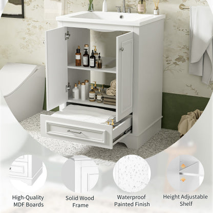 24'' Bathroom Vanity with Ceramic Sink Combo, Modern Freestanding Storage Cabinet with Silver Handles, Soft Closing Doors