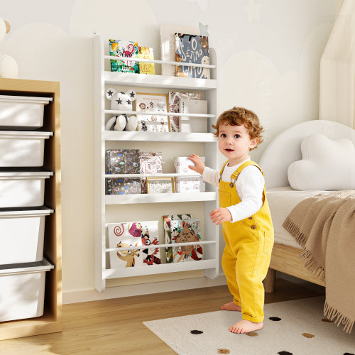4-Tier Wall-Mounted Kids Bookshelf Anti-Tip Design High Safety Space-Saving Nursery Toy Book Organizer