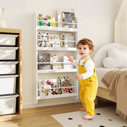 4-Tier Wall-Mounted Kids Bookshelf Anti-Tip Design High Safety Space-Saving Nursery Toy Book Organizer