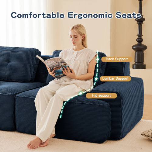 82 inch  Blue Corduroy L-Shape Modular Sofa, Movable Ottoman, No Assembly
