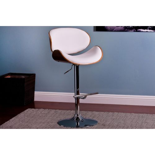 Modern Contemporary Swivel Walnut Bentwood Lift Adjustable Height Bar Stool with Curved Seat and Back (White)